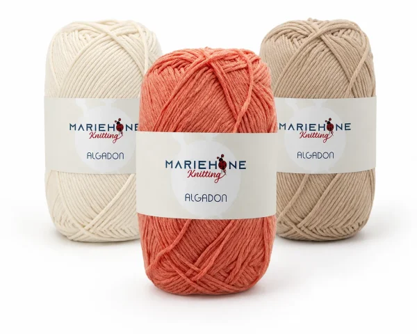 Mariehone Algodon Garn – drei Baumwollknäuel in Koralle, Creme und Beige