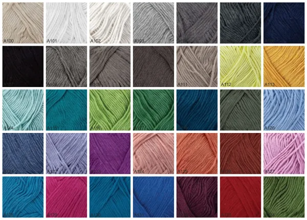 Mariehone Algodon Garn – Farbkarte mit allen 35 Farben A100–A134